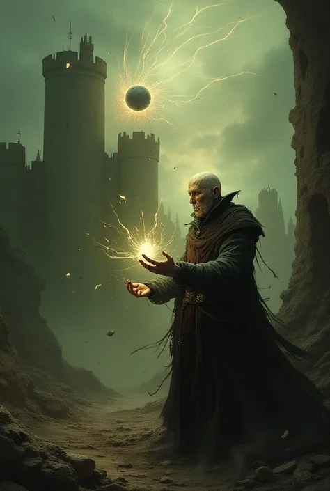 Sick magician trying to stop a giant energy ball thrown from the ground into a ruined castle