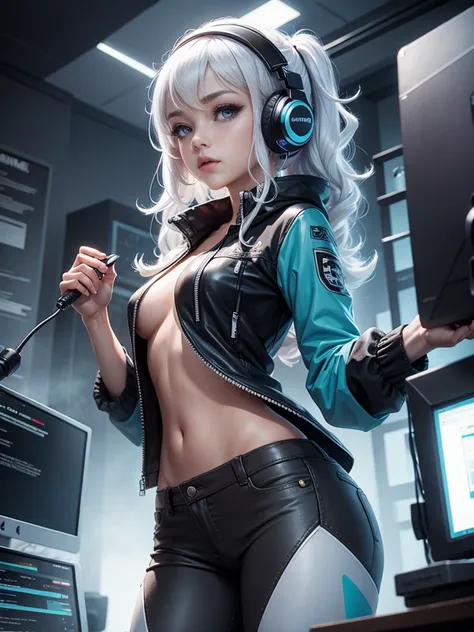  Draw Luna Snow, a beautiful gamer character with curly and platinum hair, using headphones and holding a joystick ,wearing Molenton pants , gray eyes,Cyan blue that refers to your name 