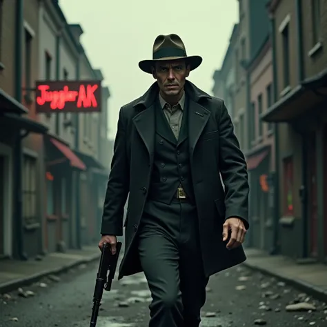 Fashion Editoral Photo A war-weary Tommy Shelby gun in hand is walking and smoking in the middle of a street, and Juggler AK is written in red neon on the street walls.