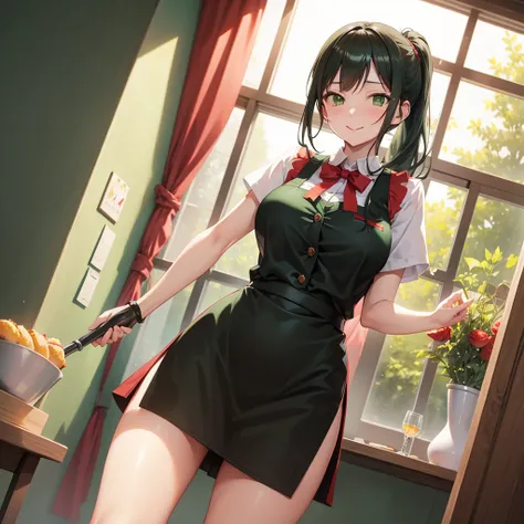 waitress,,from below,happy,shiny smile,(pussy showing:1.2),red vest,pull up (apron:0.7),large breast,short ponytail,button gap,background blur,ultra detailed,family restaurant,window,sunny,,rin shibuya, black hair, (green eyes:1.5), long hair,
