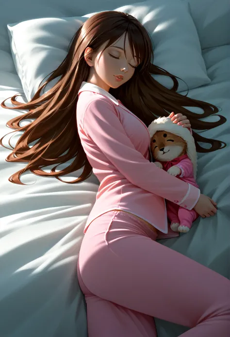 a sleeping girl, 22 years old, realistic, long pants, pink pajamas, brown hair, beautiful detailed eyes, beautiful detailed lips...