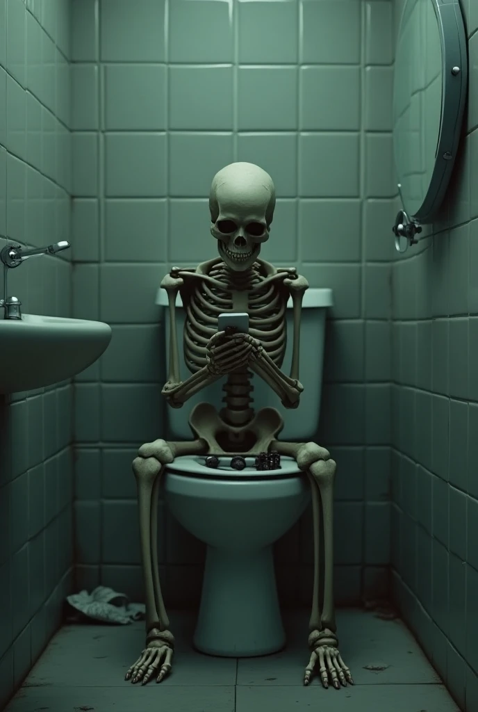 A skeleton in the toilet with cell phone 


