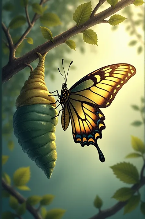 A drawing of a butterfly depicting a growing  leaving its nest