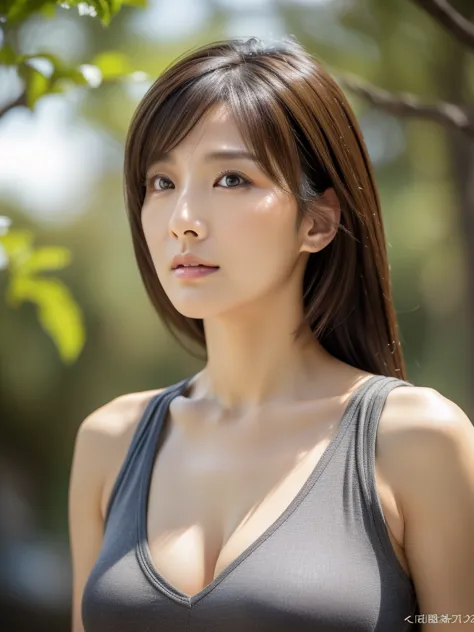 Ultra High Resolution, masterpiece, Rough skin,  very detailed ,  photorealistic,  Professional Lighting ,  leaning against a tree , sharp, ( gray background ), (Front View：1.2),( Japanese Mature , 38 year old women are sexy:1.0), Detailed face,  beautiful...