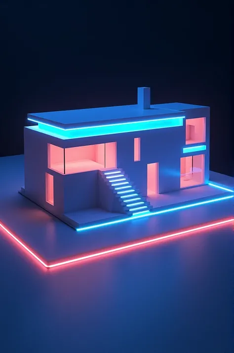 3D flat house and apartment design drawn with lines in luminous fluorescent color
