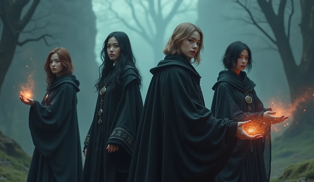 4 beautiful magicians in black occult robes in an obscure landscape  , , 2 black-haired and 2 brown-haired with different faces