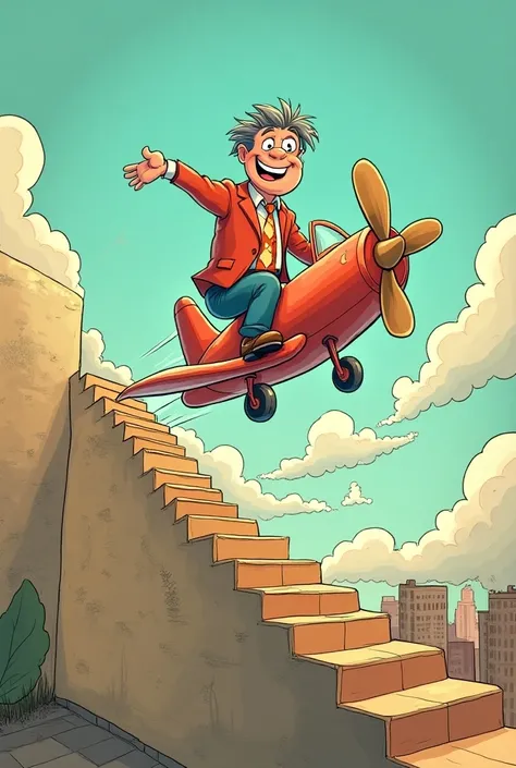 Cartoon of a man traveling upstairs 
By plane 
