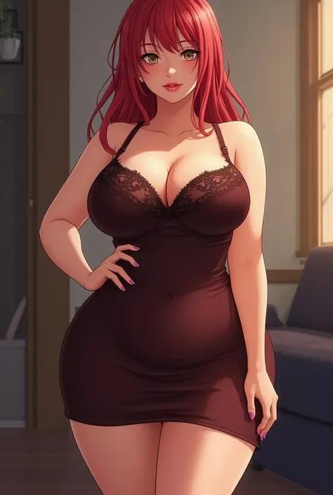 Big breasted and assed MILF with a skinny waist in a tight dress in anime style 