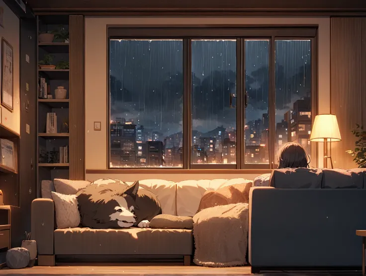 An anime-style scene featuring a dog watching TV in a cozy, modern apartment. The dog is comfortably lying on a sofa, fixated on the TV screen, which casts a gentle glow across the room. Large windows reveal a rainy night outside, with raindrops streaming ...