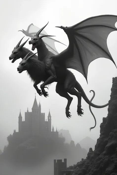 A Chimera with 3 heads, the central one being a dragon, the left one being a goat, and the right one being a lion, with bat wings and a snake tail. Flying over a ruined castle. Dark fantasy style image in black and white.