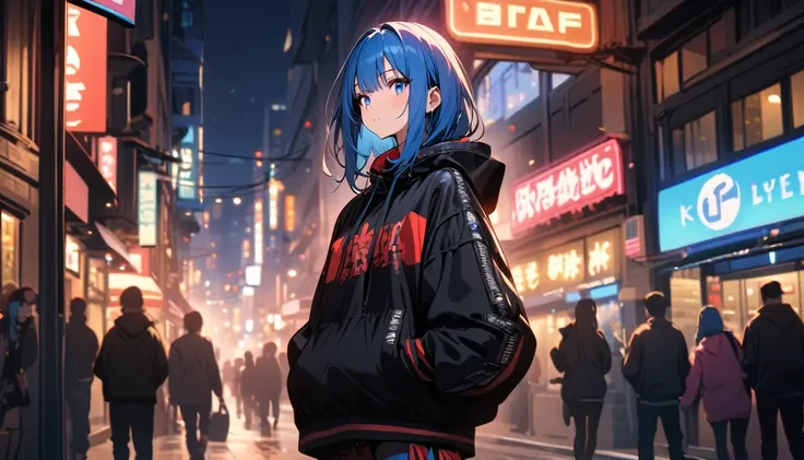 Best Quality,1 girl with blue hair ,Hip-hop fashion,night,bustling street,Street lamp