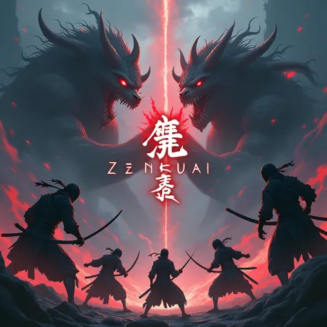  Create for me a mystical and Asian image containing ninjas and Akuma in the most,
 And anime theme , In the middle written “Zenkai” 