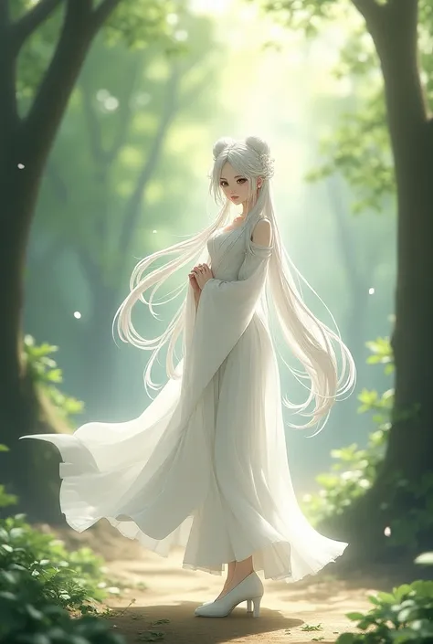 highly detailed, anime female character, long white hair, black eyes, fair skin, wearing a traditional white hanfu with a white beizi, white skirt, white high heels, 1.70m tall, standing with hands together, serious expression, in a forest with white leave...