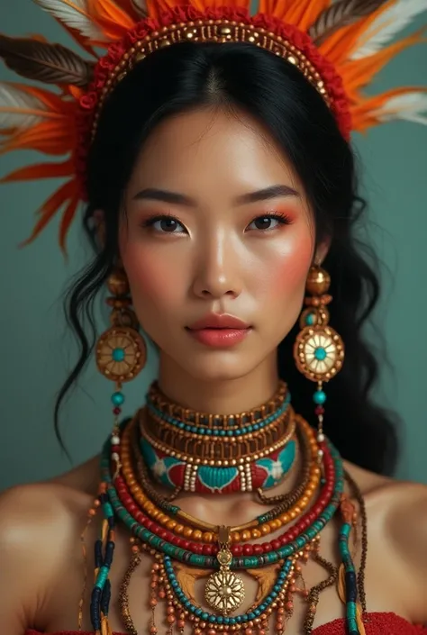 indigenous woman with perfect face ,  colorful accessories and made-up face