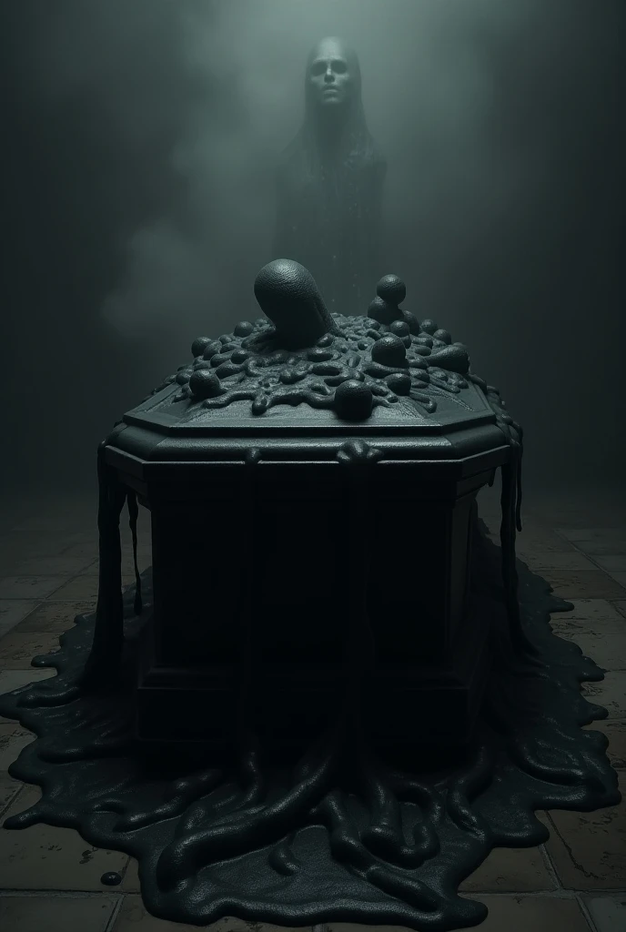 dense black foam ,  coming out through the lid of the casket at the wake.  creepy image , horror dinner