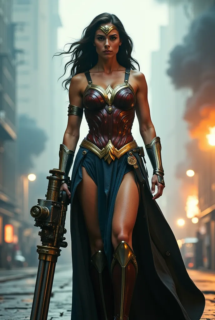 ((masterpiece)) ((photography)) ((highest quality)) create an image of wonder woman in a stunning steampunk-inspired victorian g...