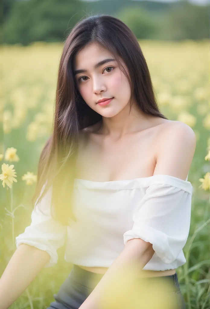 film, soft, photography, atmosphere, selfie,portrait, thai women,so cute,((smile)), happy ,age 25 years,bangs,off-the-shoulder b...