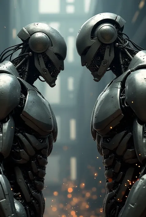 "Two ultra-realistic, towering futuristic robots face each other in an intense standoff, both with angry expressions. Their detailed, metallic armor reflects light, showing intricate mechanical parts, cables, and gears. The scene captures their full bodies...