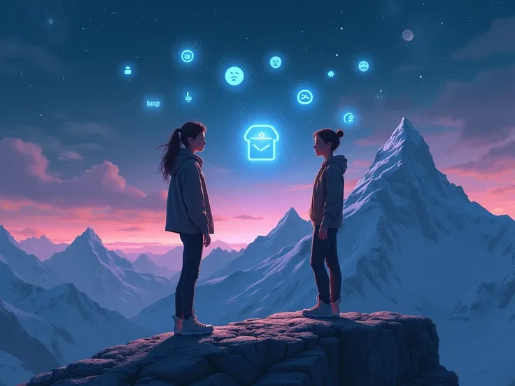  A futuristic mountain range under a starry sky ; At the highest peak ,  Lia and Niko discuss ,  while holograms of “likes” and holograms representing different social opinions float around,  suggesting the conflict of values between them .

