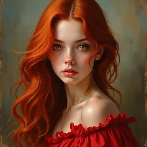  20-year-old woman ,  crimson red hair, Honey eyes , red dress, painting art 