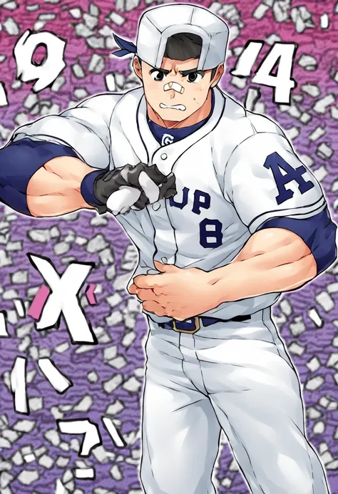  huge muscles,score_9, score_8up, score_7up, score_6up, score_5up, score_4up, break
abstract background, break
solo, young male, boy, sh0m4, black hair, backwards cap, black eyes, bandaid on nose, break
baseball uniform, baseball pants, source_cartoon, rat...