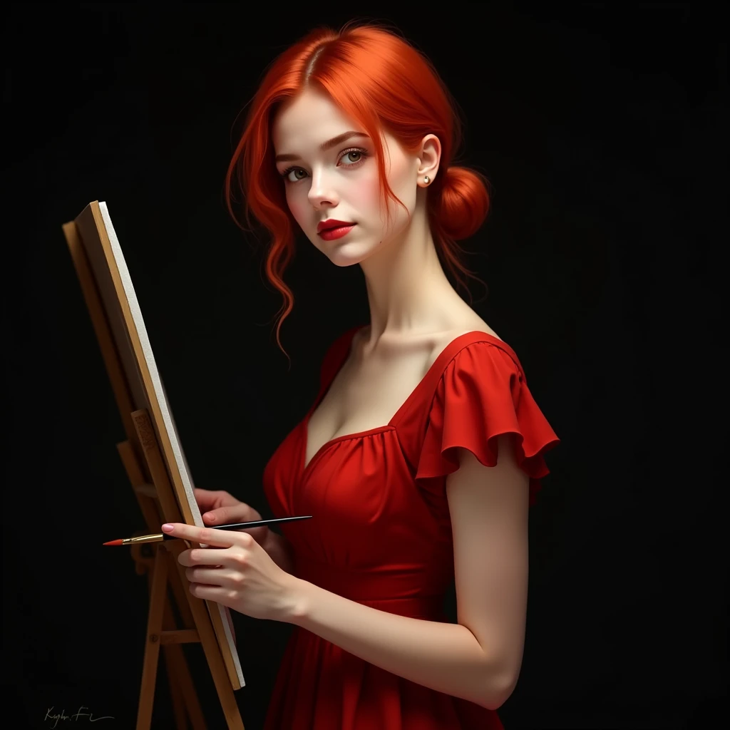  20-year-old woman ,  crimson red hair, Honey eyes , red dress, painting art ,  black background 