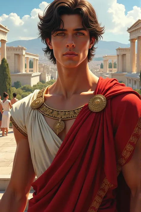 Create a realistic full body portrait of a handsome young adult male with shoulder-length wavy dark brown hair, golden brown eyes, and tanned skin. He wears an Ancient Greek royal outfit with ancient Athens in the background