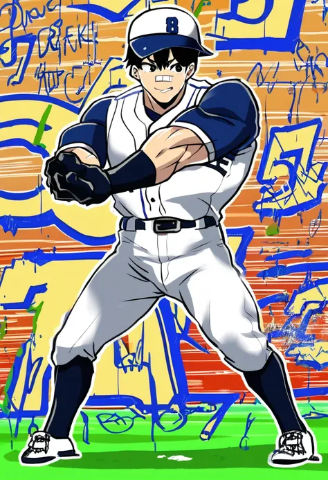  huge muscles,score_9, score_8up, score_7up, score_6up, score_5up, score_4up, break
abstract background, break
solo, young male, boy, sh0m4, black hair, backwards cap, black eyes, bandaid on nose, break
baseball uniform, baseball pants, source_cartoon, rat...