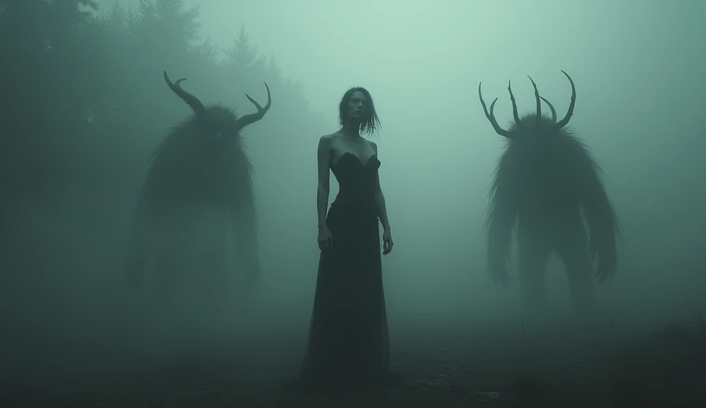 heavy fog , dark environment, Surrealist nature, Creatures, woman
