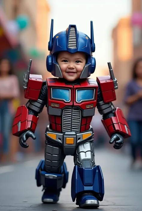 A baby parading in an Optimus Prim costume