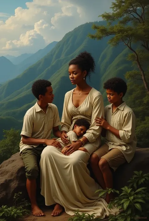  A mulatto woman sitting consulting her three twin sons on a mountain covered by a tree , She with her serene expression , as if it were a painting of Baroko ,  the eldest taking his hand in setting up a road out of scene ,  the den in the middle lying on ...