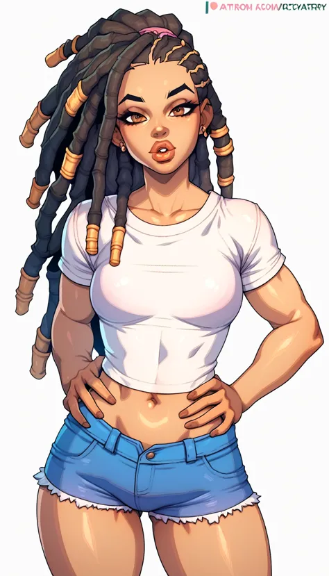 young black woman with long hair in dreadlocks, ( full lips  ,   brown eyes),  wide white t-shirt  ,  very short and tight white...