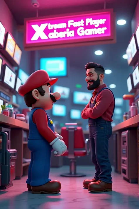    Super Mario Bros visiting my barbershop is greeted by the barber   ,   a tall young man doesnt wear a mustache and dark brown hair    ,     environment of the barbershop in the video game room with a sign that says
 Xtream Fast Player BARBERIA GAMER in ...