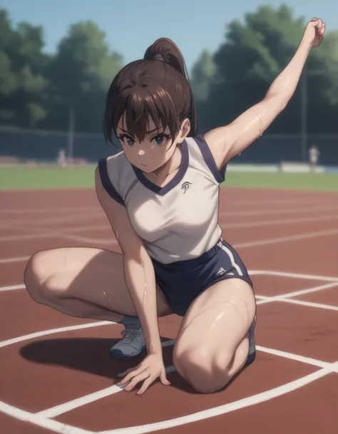 score_9, score_8_up, score_7_up, gsfghtr, gymnastics uniform, 1girl, sweaty, outdoor field, blue sky