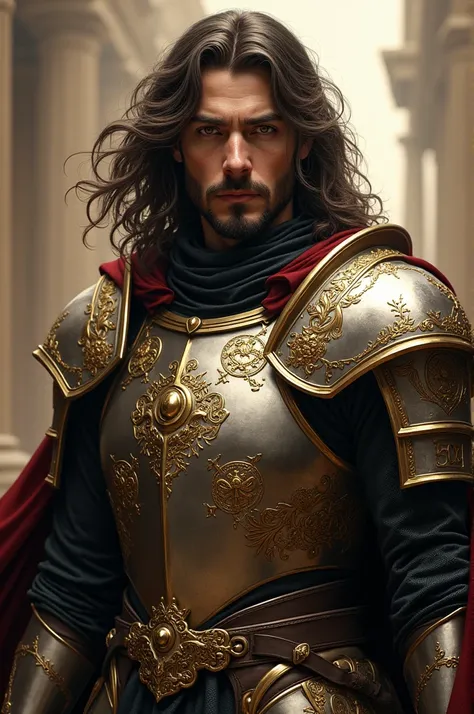 paladin, with long curled hair ,  eyes of different colors and a thin beard 