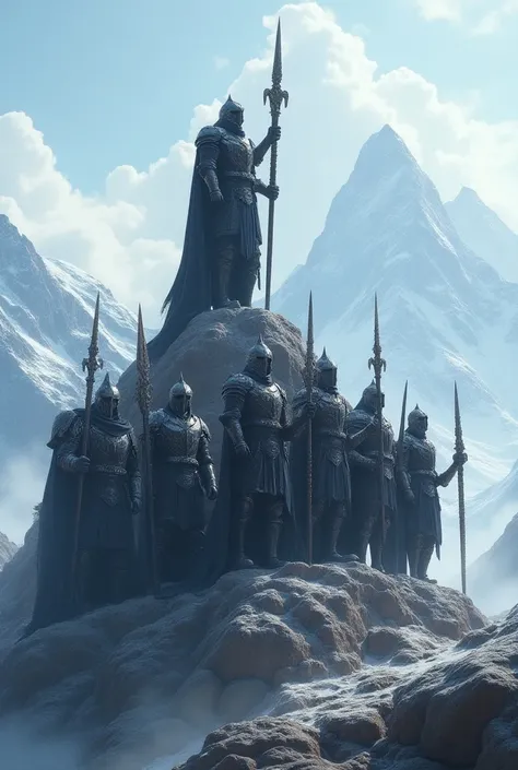 8 knights with one of them being the leader wearing black neterith armor on top of a mountain with the names Black neterith under him and him raising a sword with the other 7 characters below with diamond armor raising their swords with the same hand