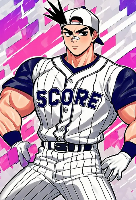  huge muscles,score_9, score_8up, score_7up, score_6up, score_5up, score_4up, break
abstract background, break
solo, young male, boy, sh0m4, black hair, backwards cap, black eyes, bandaid on nose, break
baseball uniform, baseball pants, source_cartoon, rat...