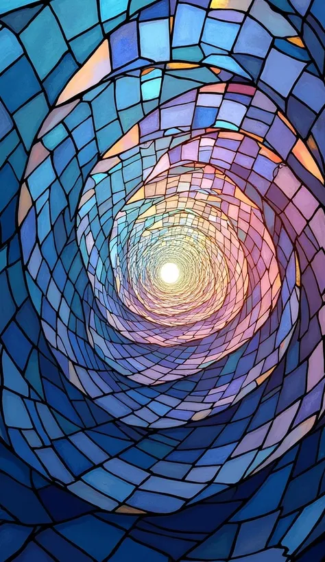 "Design an image that combines the rich stained glass mosaic spiral with ethereal, soft gradient waves. Start with deep blues, purples, and golden accents at the spiral’s center, and transition to pastel hues of pink, lavender, and soft blue as the composi...