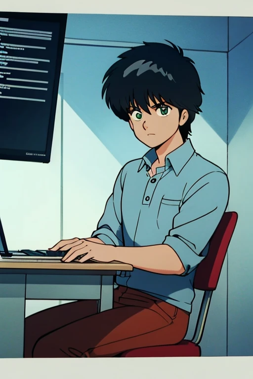 Anime boy sitting at a desk, Cute Boy,  has a computer and keyboard, ((Makoto Shinkai)), studio brisk Makoto Shinkai, Gouvez-style artworks, Makoto Shinkai.  Digital Rendering , Digital anime illustration, Planned, Makoto Shinkai art style, Makoto Shinkai ...