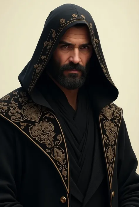 Illustration、１Middle-aged men、short black beard、Black Robe、Gold embroidery、 deep black hood、フードにもGold embroidery