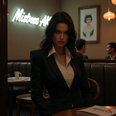 A mafia woman in a black suit and white shirt sits in a cafe in Italy waiting for a fight and Mistress AK is written on the wall in white neon.