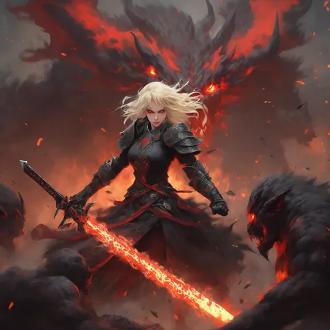 A young woman around 28 years old, with platinum blonde hair, red eyes, and pale white skin, stands 1.70 meters tall. She wears a torn black dress with embroidered sleeves featuring Chaos Star symbols. She holds a large, red sword, ablaze with flames. She ...