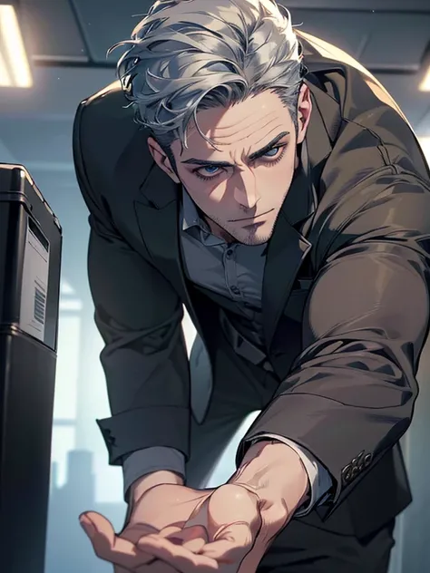 (best quality,4k,8k,highres,masterpiece:1.2),ultra-detailed,(realistic,photorealistic,photo-realistic:1.37),cinematic lighting,hdr image,1 man,31 years old,mature man,very handsome,without expression,serious,short grey blue hair,green eyes,penetrating gaze...