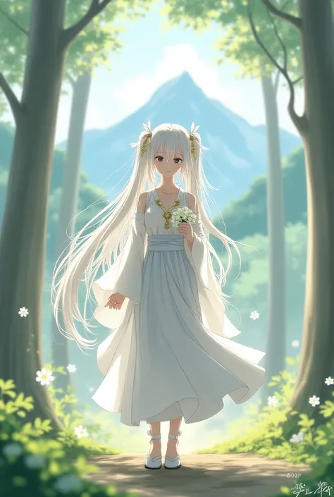 highly detailed, anime female character, long white hair with two long pigtails at the front, black eyes, fair skin, wearing a traditional white hanfu with a white beizi, white skirt, white high heels, 1.70m tall, golden necklace, holding a white flower in...