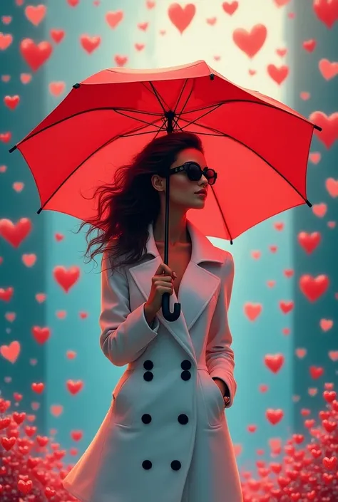 vibrant female silhouette, under a large umbrella, surreal rain of cascading hearts, white coat with black buttons, stylish black sunglasses, dreamlike surrealism, whimsical atmosphere, colorful hearts shower, artistic interpretation, fantasy elements, ima...