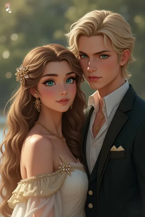 2 people, princess turquoise eyes ,wavy hair and brown , prince platinum blonde hair , grey eyes,high.  The story is of an arranged marriage.