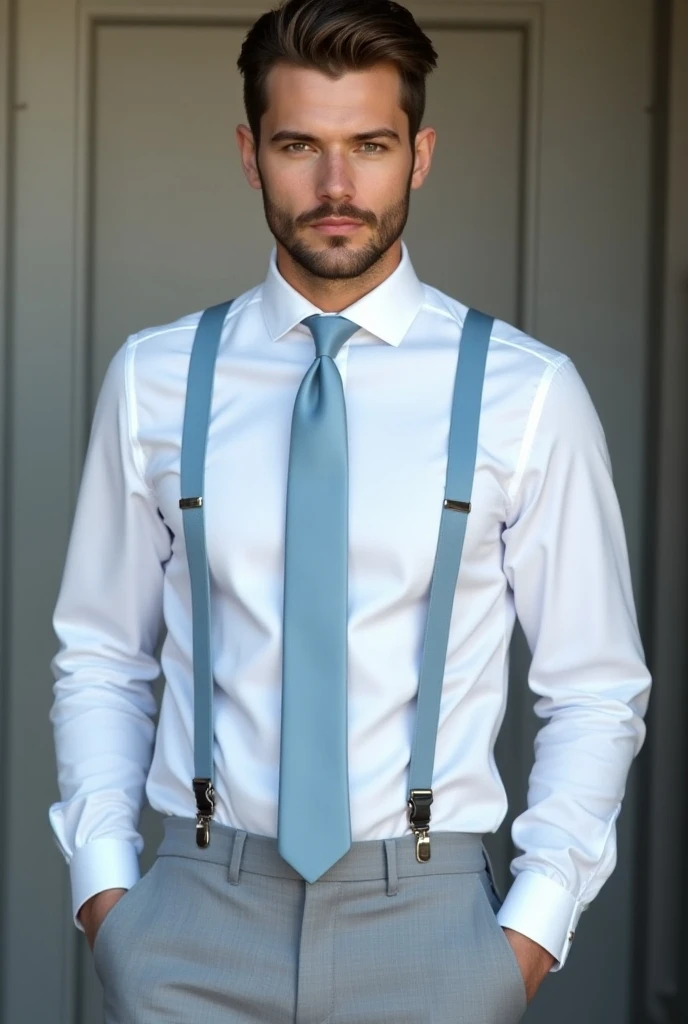  Create an image of a groomsman wearing a white long sleeve shirt, light gray pants, suspender in the color Serenity blue  ( the brace must be in the color Serenity blue like a tie) Serenity blue tie in light tone