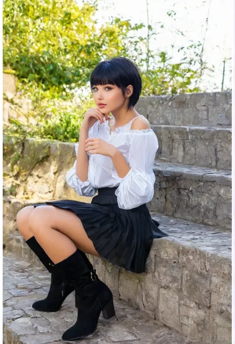 A beautiful girl sitting in a very short black miniskirt black ankle boots white blouse black hair beautiful and precious 