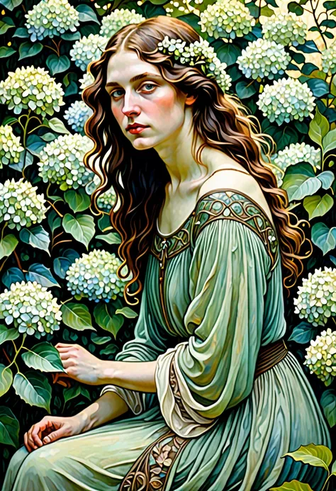 "A detailed painting in the style of Impressionist and Art Nouveau artists such as Monet, Alphonse Mucha, Gustaf Klimt, Van Gogh and William Morris. The image depicts a young woman with fair skin and dark, wavy, wet hair falling over her shoulders. She is ...