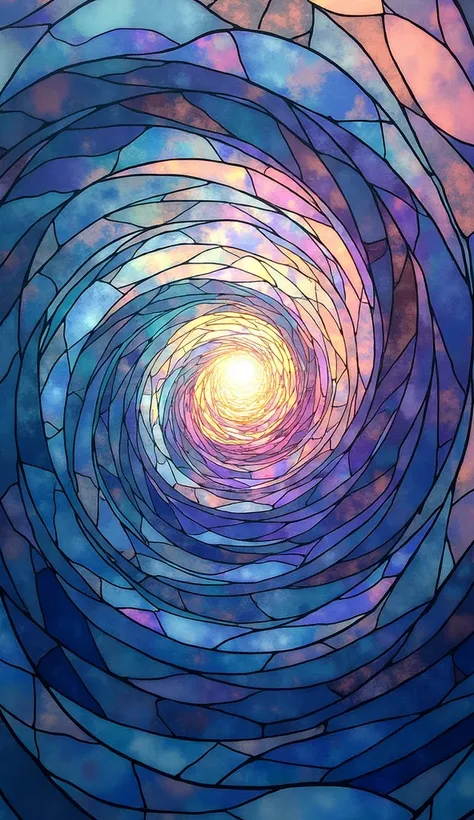 "Design an image that combines the rich stained glass mosaic spiral with ethereal, soft gradient waves. Start with deep blues, purples, and golden accents at the spiral’s center, and transition to pastel hues of pink, lavender, and soft blue as the composi...